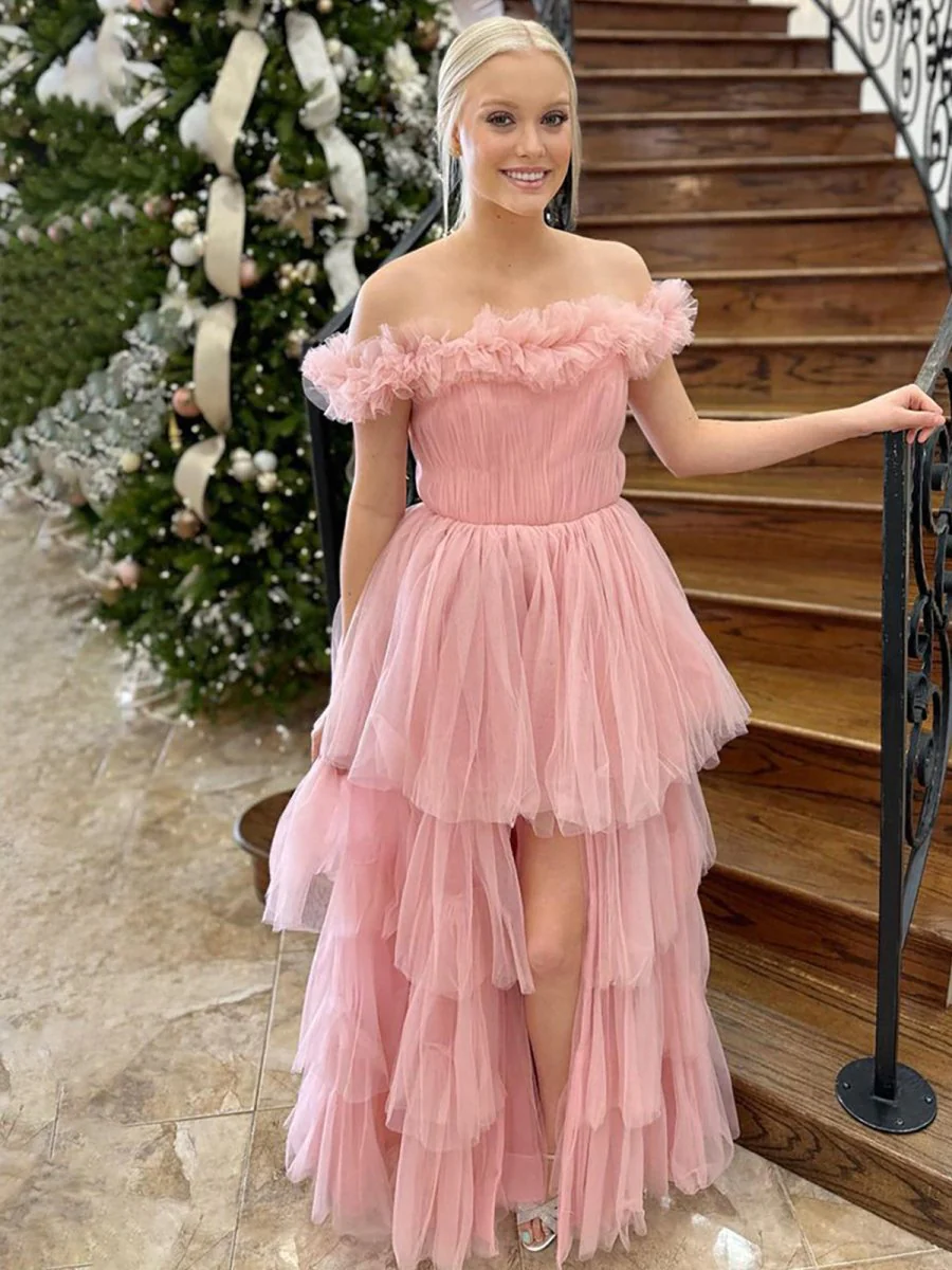Pink Off The Shoulder Tulle A Line Prom Dress With Split