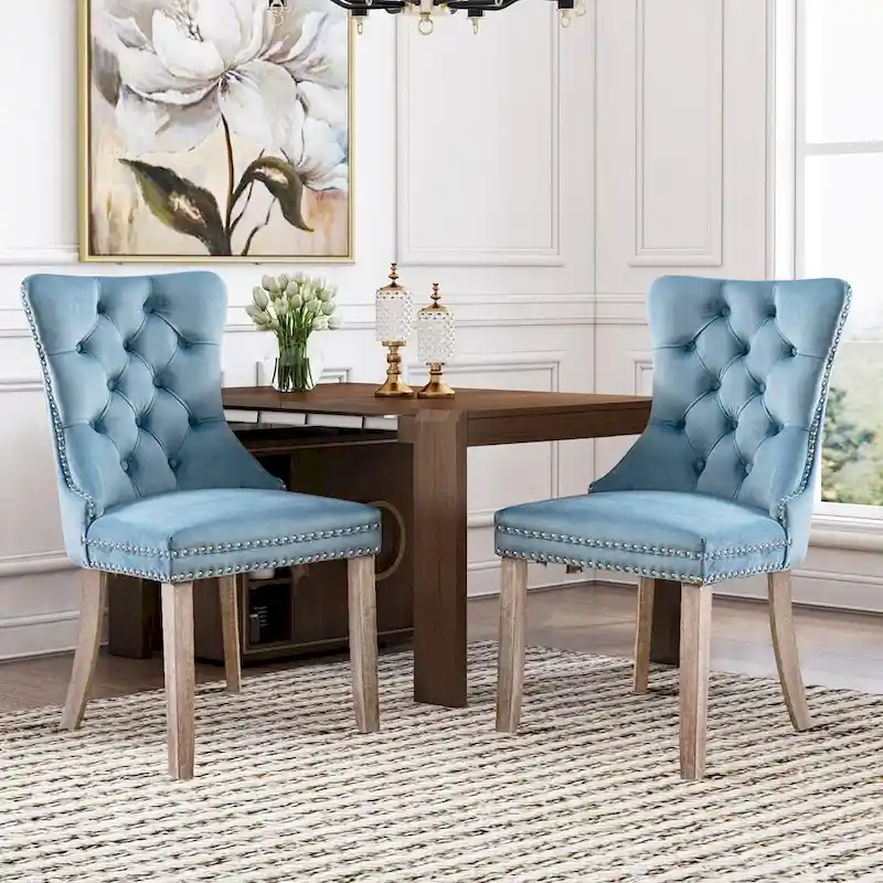 Velvet Dining Chairs Set of 2 with Tufted Back, Nailhead Trim and Solid Wood Legs