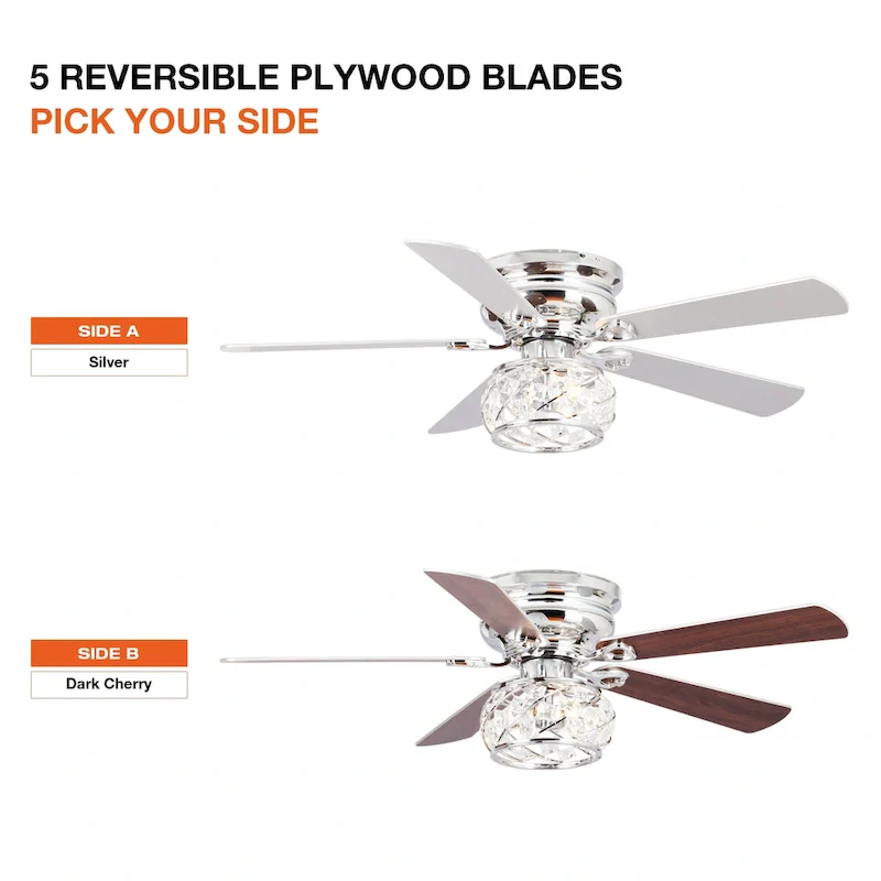 48  Chrome Wooden 5-Blade Crystal Flush Mount Ceiling Fan with Remote
