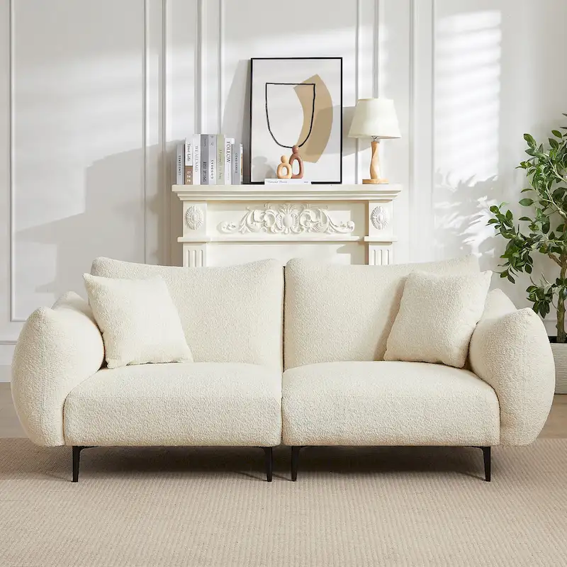 White Sherpa 2-Seater Loveseat with Metal Legs & 2 Pillows