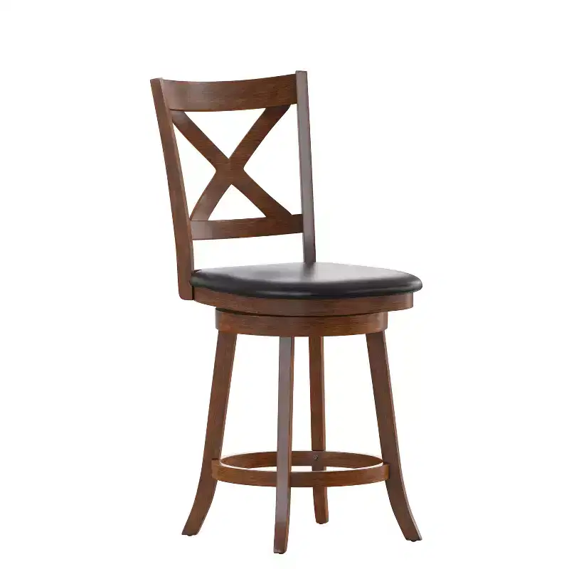 Merrick Lane 24 Classic Wooden Crossback Swivel Counter Height Pub Stool with Upholstered Padded Seat and Integrated Footrest