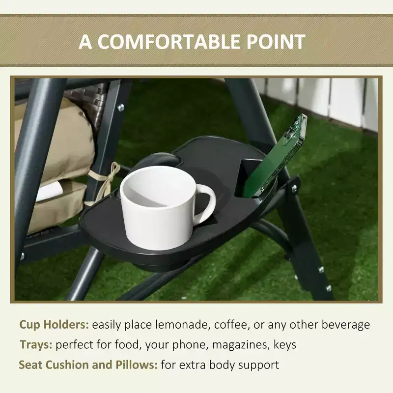 3-Seat Patio Swing Chair with Adjustable Canopy, Rattan Seat, Removable Cushions and Pillows