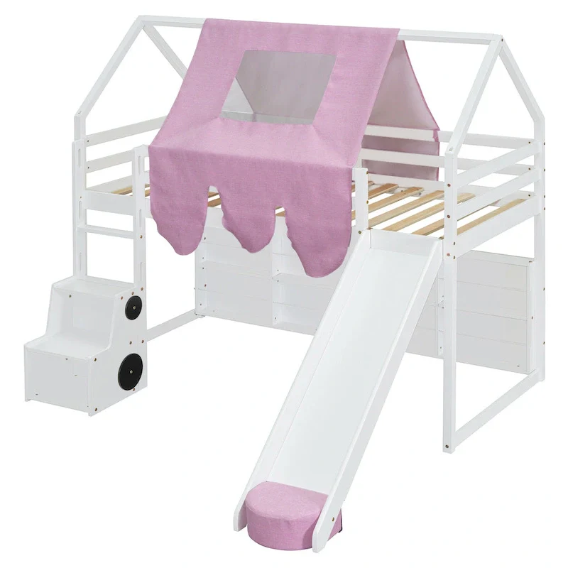 House-shaped Wooden Loft Bed with Tent, Slide, Ladder and Shelves