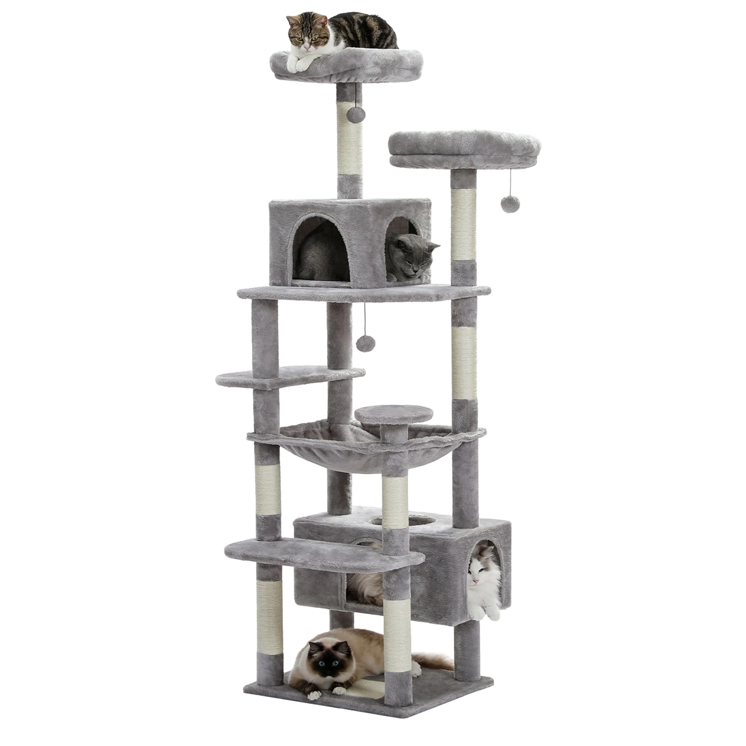 Large Cat Tower Cat Condo with Scratching Posts and Pads, 2 Padded Perch, Dual Condo and Basket