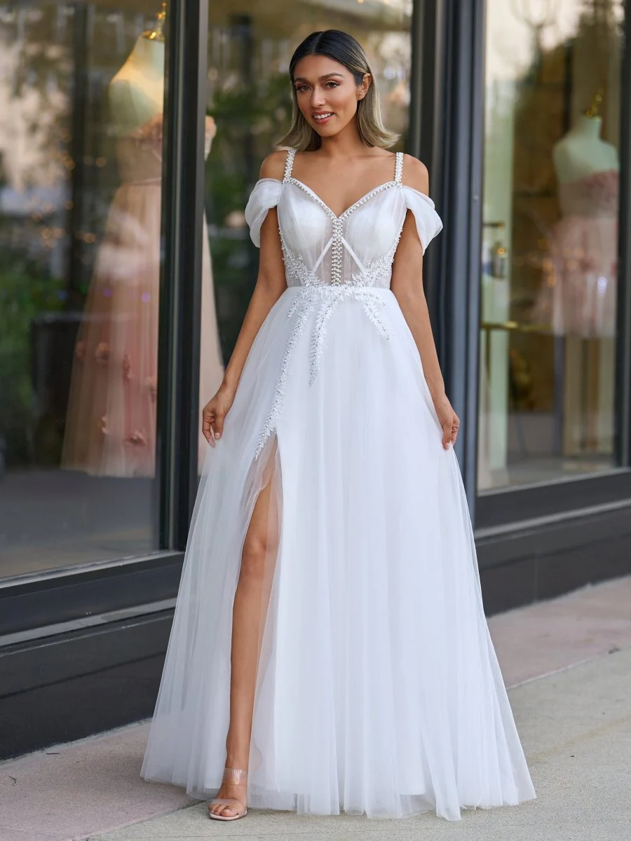 V-neck Pearl Embellished Floor Length Prom Dresses
