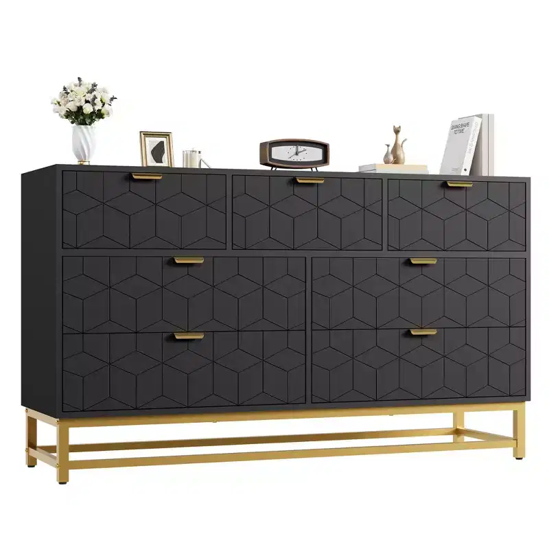 Modern 7-Drawer Entryway Storage Cabinet - 53.5'' Wide Chest with Golden Metal Handles & Legs - Large Organizer for Bedroom, Living Room, Hallway