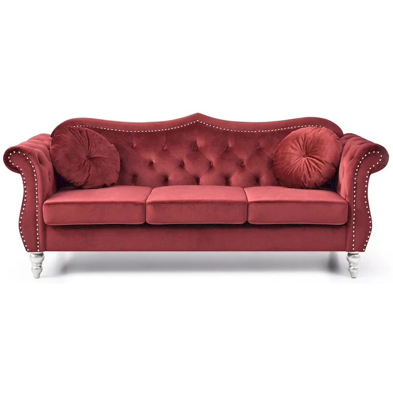 Hollywood 82 in. Velvet Chesterfield 3-Seater Sofa with 2-Throw Pillow - 82L x 35W x 34H