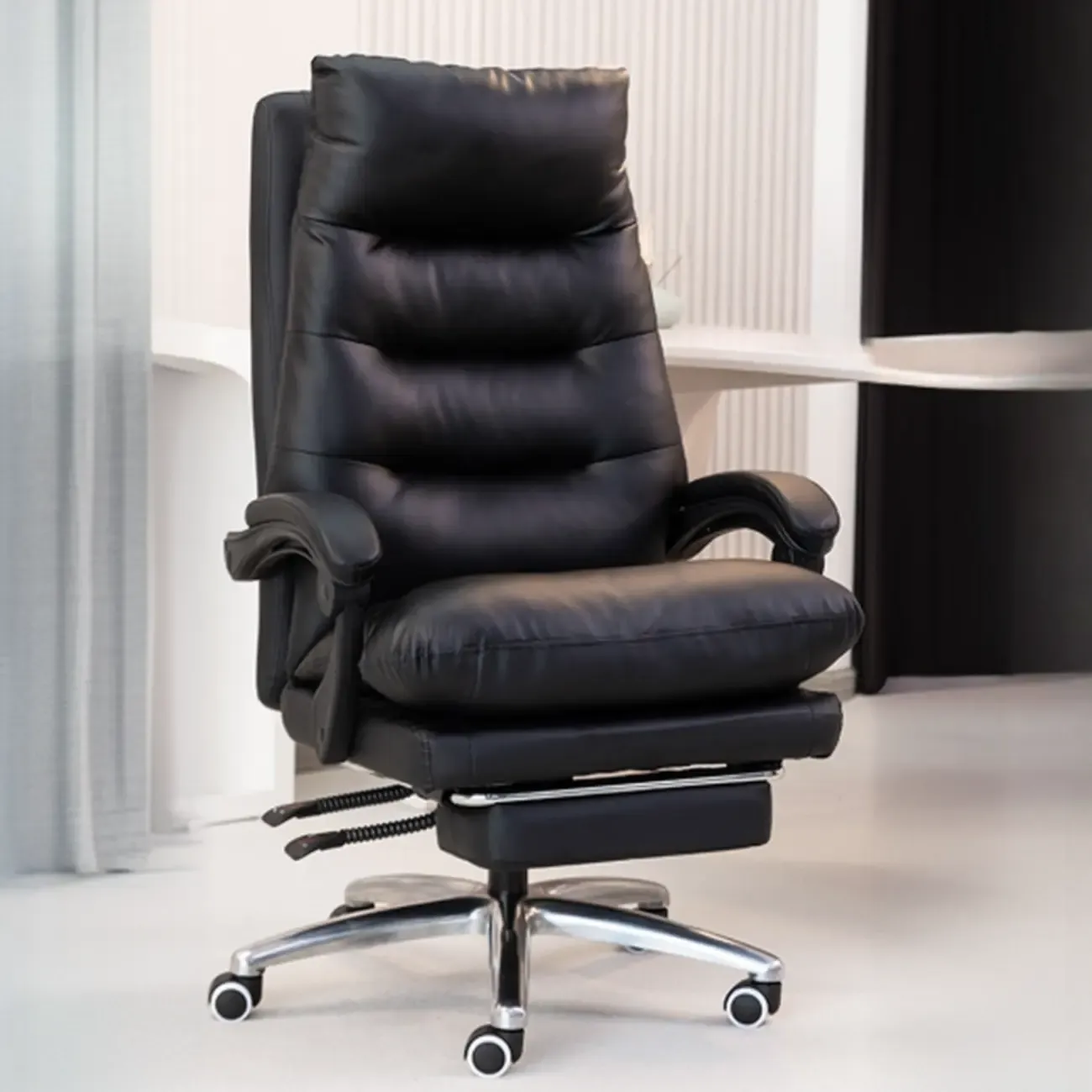 Ergonomic Black Leather Adjustable Office Chair with Wheels