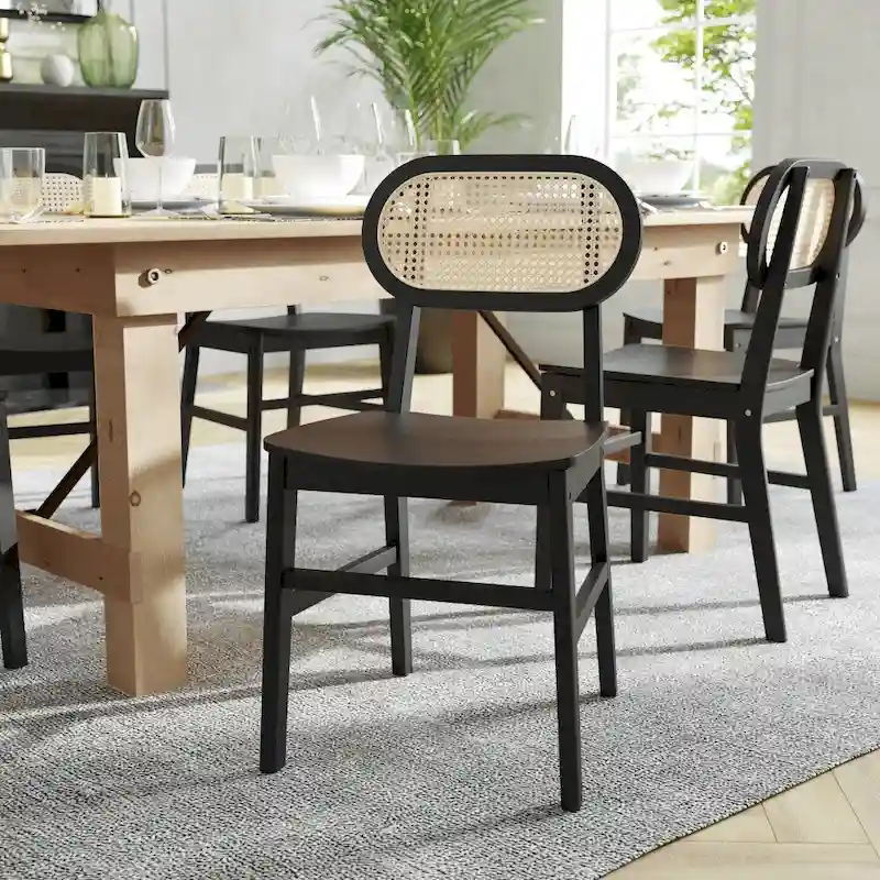 Set of 2 Cane Rattan Dining Chairs with Wood Frame