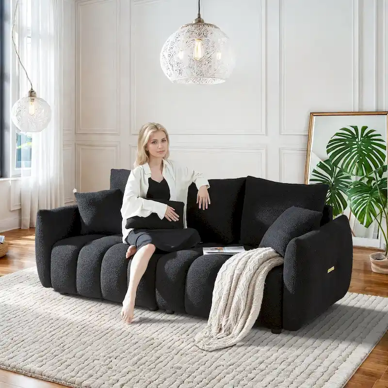 Overstuffed Deep Seat Fabric Sofa with 3 Throw Pillows, Plush Upholstered Living Room Couch