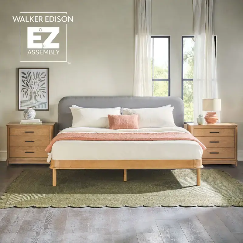 Solid Wood King Size Bed Frame with Curved Upholstered Headboard