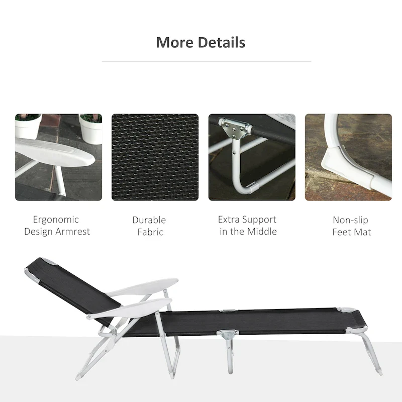 Folding Chaise Lounge, Outdoor Sun Tanning Chair, 4-Position Reclining Back, Armrests