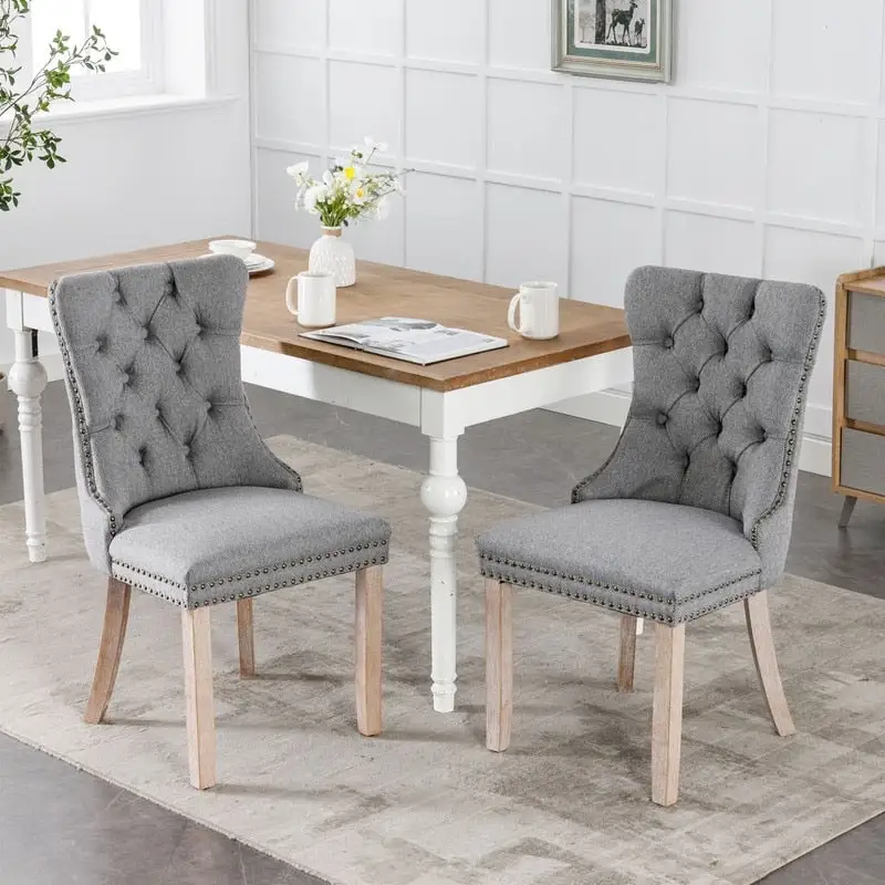 Tufted Upholstered Linen Dining Chair with Solid Wood Legs, Set of 2
