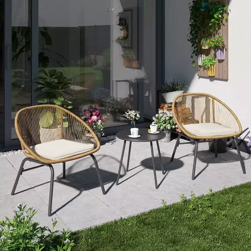 LAUSAINT 3-Piece HOME Wicker Bistro Set 2 Wide Chairs and Coffee Table Perfect Porch, Backyard, Balcony