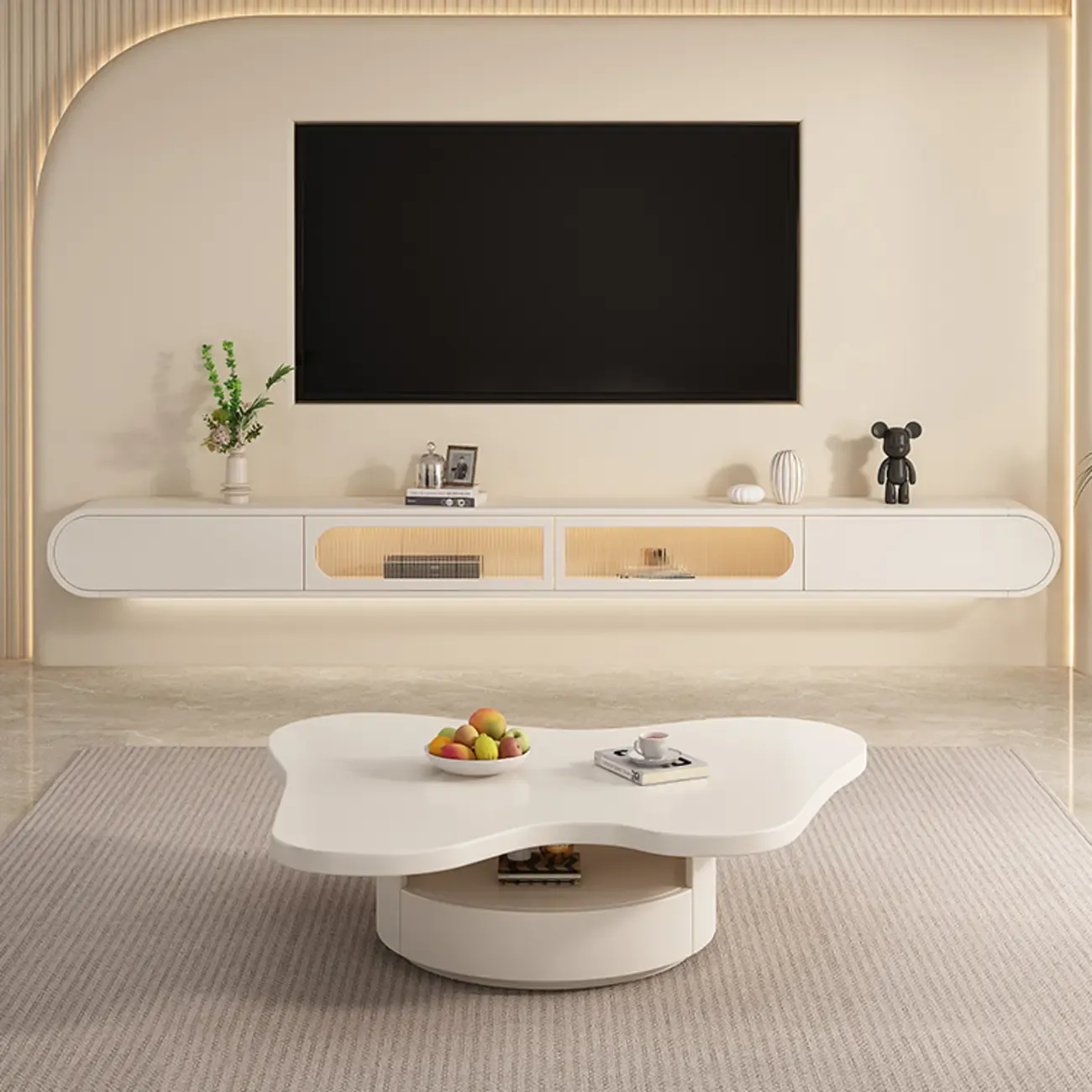 94.5 Beige Wood Floating Glass Doors TV Stand with LED Lights