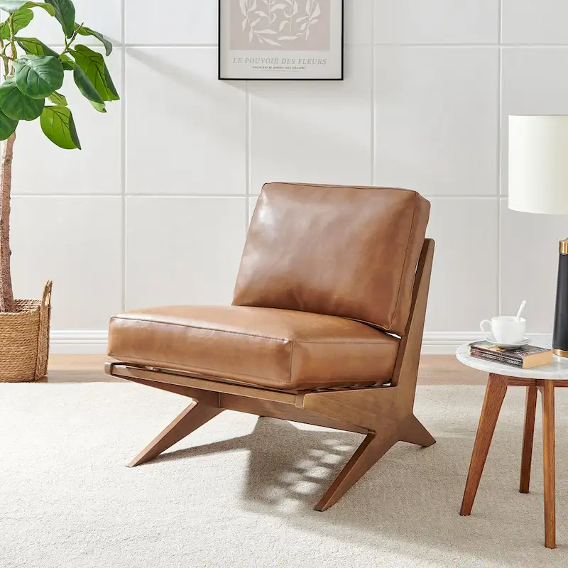 Mid-Century Accent Chair, Borneo Chocolate / Palladian Beige, Faux Leather & Boucle, Single Seat