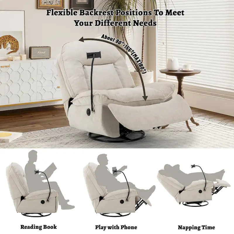 Adjustable Swivel Chenille Recliner with Phone Holder