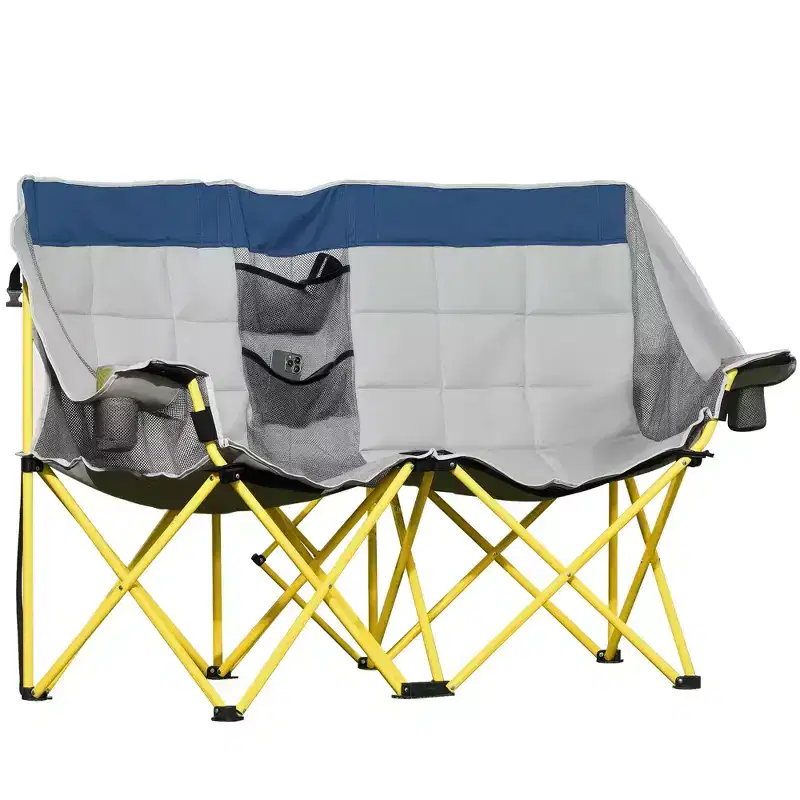 Outsunny Double Seat Camping Chair Folding Lawn Loveseat w/ Storage Pocket & Cup Holder, Bag for Outdoor, Beach, Picnic, Hiking, Travel