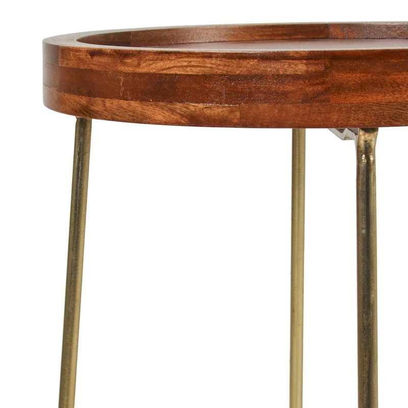 Gold Iron And Natural Wood Round Accent Table by East at Main