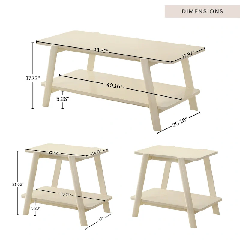 Roundhill Furniture Metz Mid-Century Wood Shelf 3-Piece Coffee Table Set