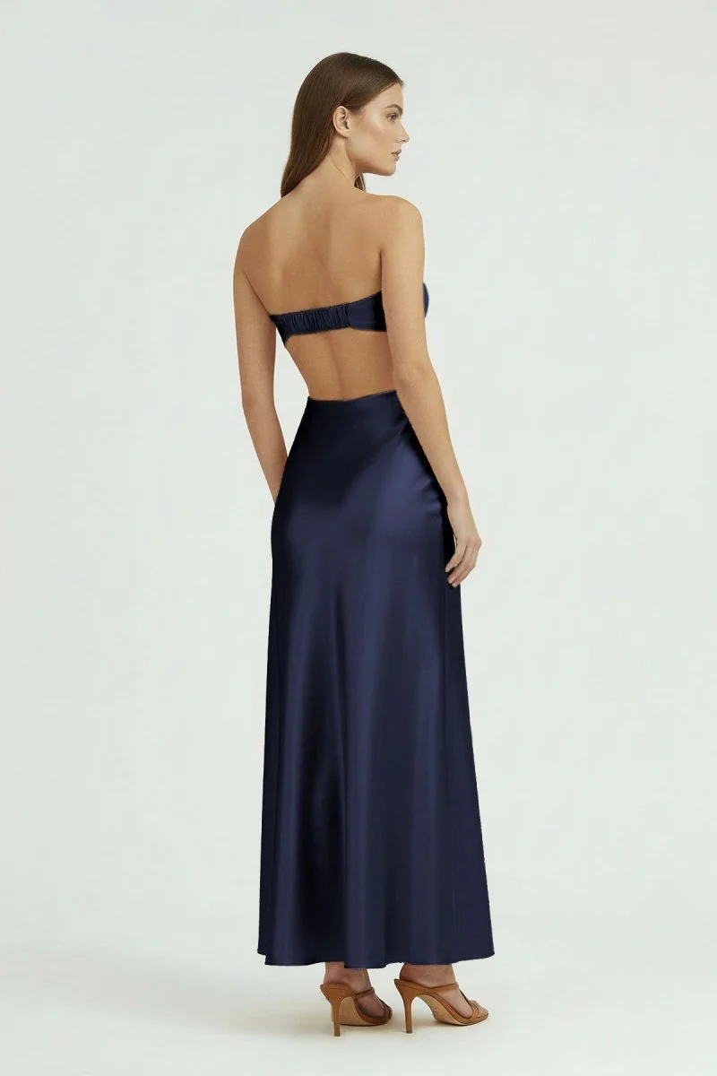 Aqua Strapless Sheath Satin Open Back Prom Dresses With Cutout