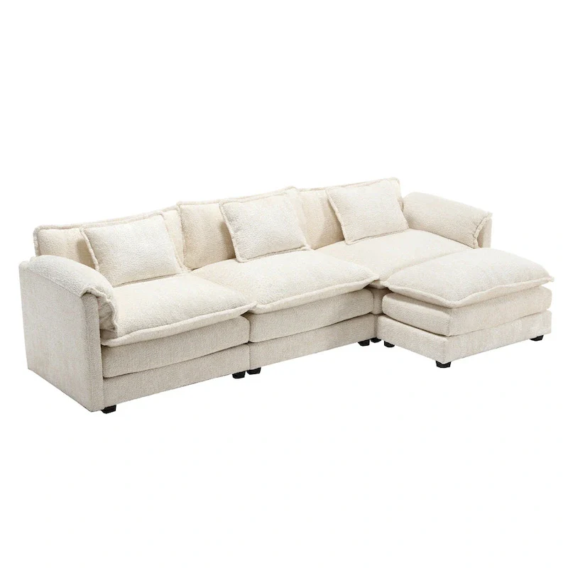 Beige 112.2  L-Shape 4-Seater Sectional Sofa in Modern Boucle Fabric with Removable Cushions and Detachable Armrests
