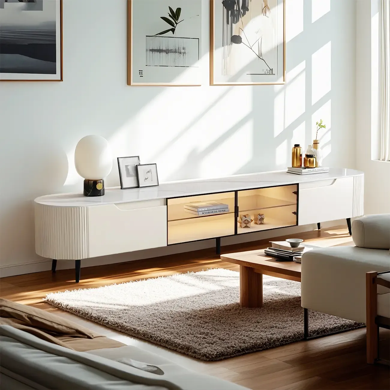 71 Beige Wood Glass Door TV Stand with Shelf & Drawers