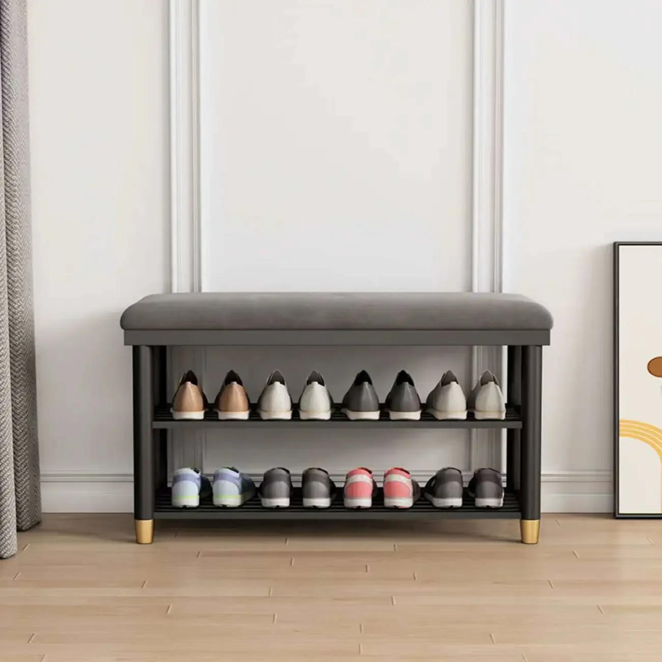 Modern Metal Entryway Shoe Storage Bench with Cushion