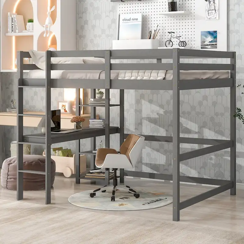 White / Espresso / Grey Full Loft Bed with Desk, Shelves & Ladder, 1-Person
