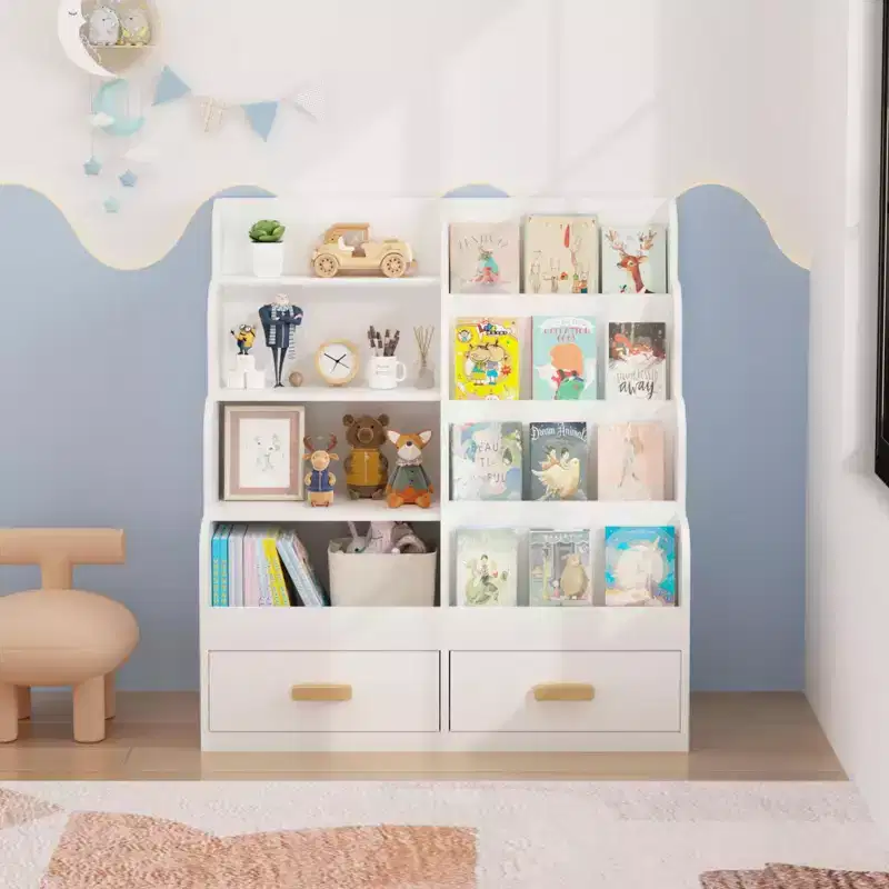 GDFStudio Sara 35.43'' Modern 4-Tier Kids Bookshelf with Toy Organizer and 2 Storage Drawers