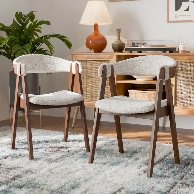 Walnut/Beige Mid-Century Boucle Curved Back Dining Chair with Wood Legs for 2 (Set of 2)