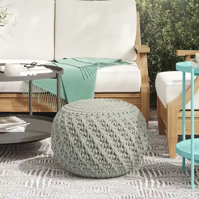 WYNDENHALL Cora Round Knitted Pouf in Light Grey Recycled PET Polyester