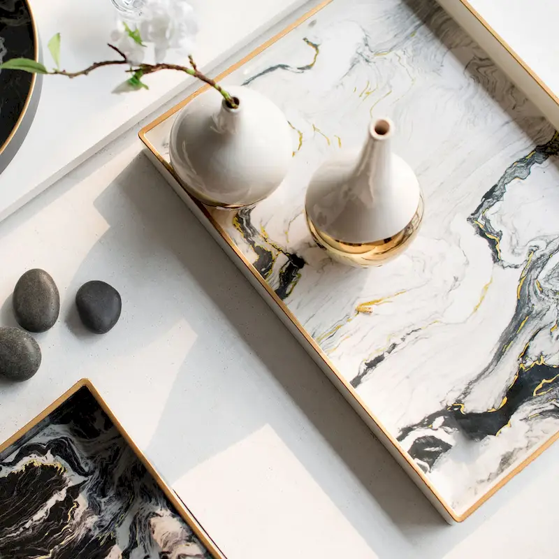 A&B Home Quinn Black and White Marble Rectangular Trays