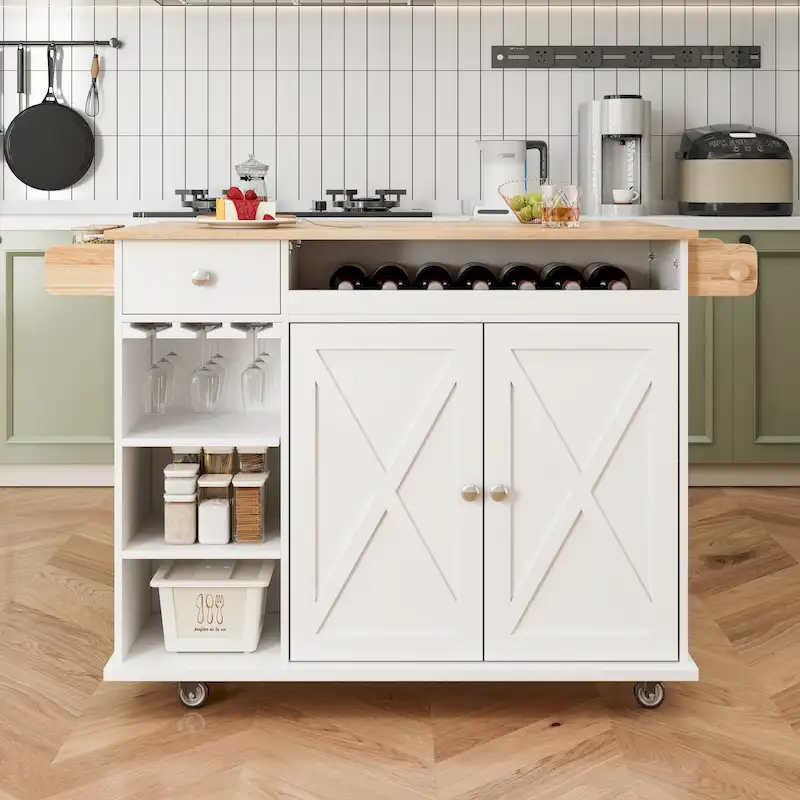44 W Kitchen Island Cart With Storage, Rolling Side Table On Wheels With Drop Leaf, Wine Rack, Spice Rack, Glass Holder
