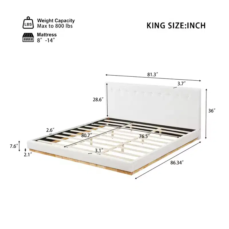 King Size Minimalist Chenille Upholstered Bed Frame, Rubber Solid Wood Legs, White - ModernLuxe
