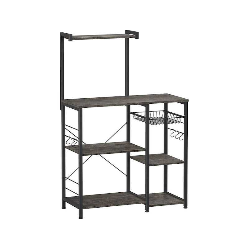 Kitchen Microwave Oven Stand Shelf with Wire Basket and 6 S-Hooks - 35.4 L x 15.7 W x 52 H