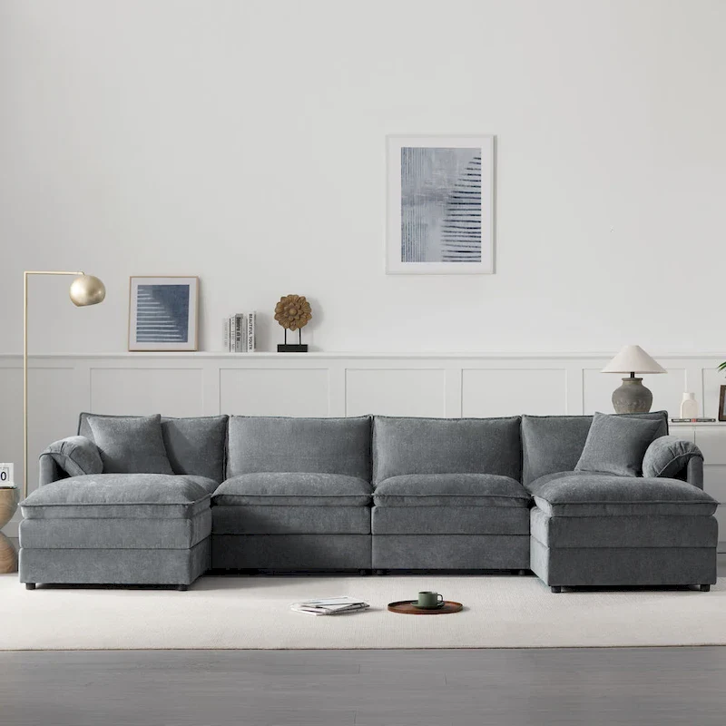 136 U-Shaped Chenille Cloud Sectional Sofa with Dual Ottomans