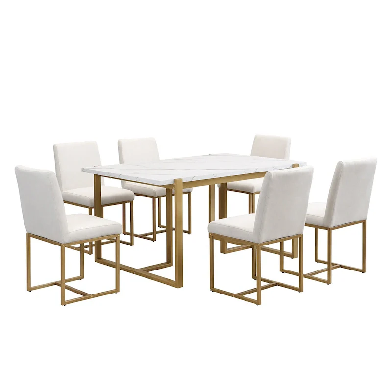 Modern Rectangular Dining Set - Faux Marble Table and 6 Upholstered Chairs