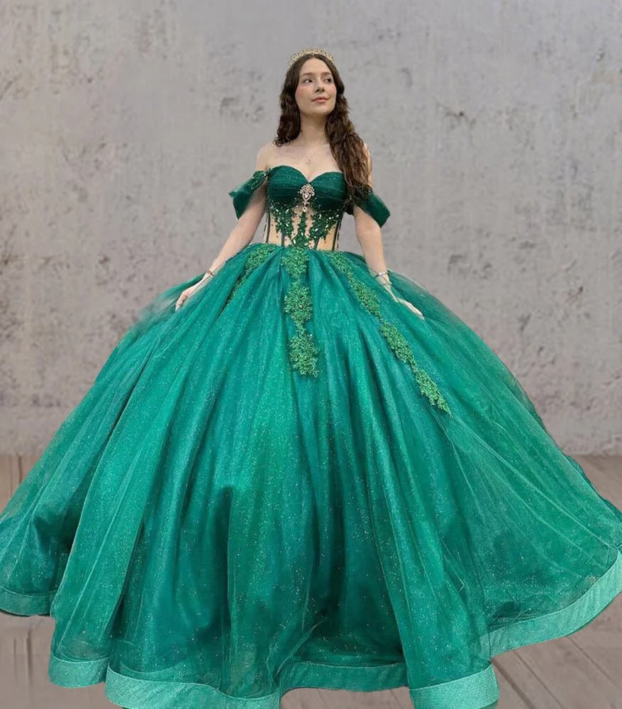 Emerald Green Ball-Gown Tulle Off-the-Shoulder Quinceanera Dresses