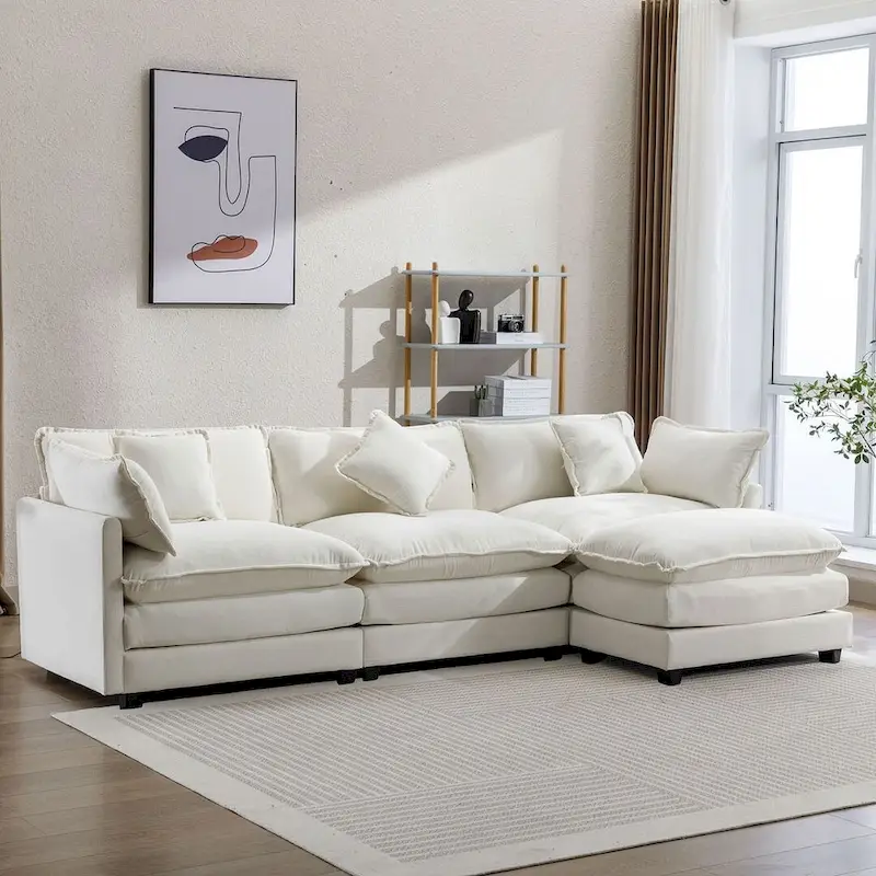 112 Modern L-Shape Chenille Upholstered Sofa with 5 Pillows