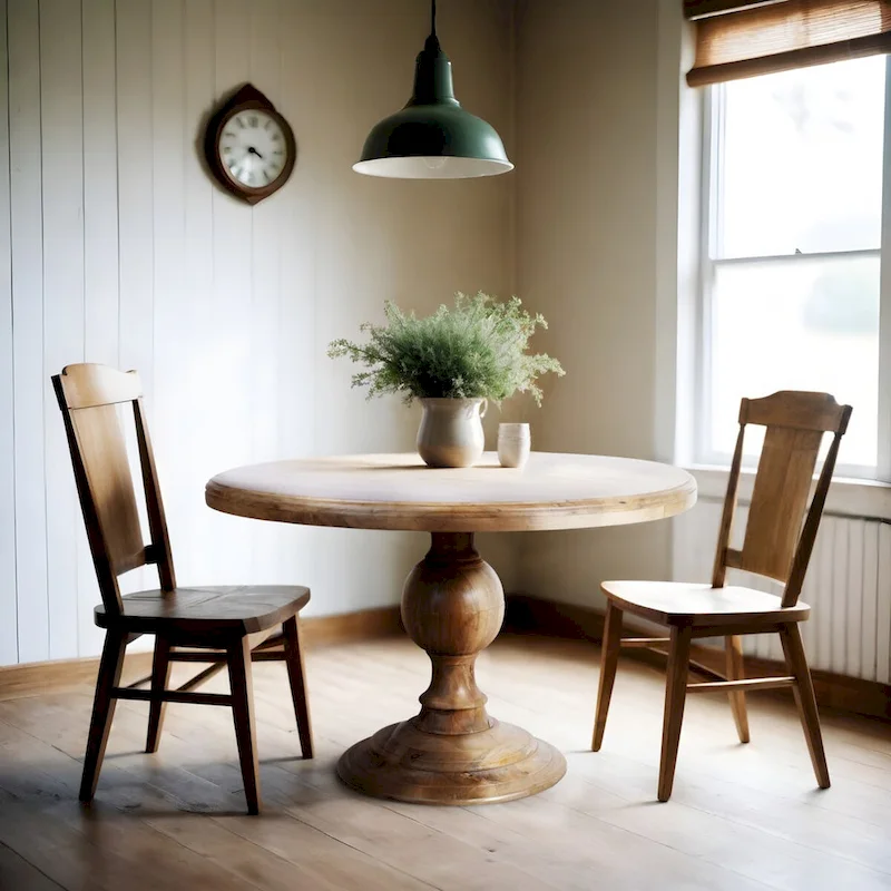 48 Round Dining Table, Antique Natural Mango Wood Pedestal Base