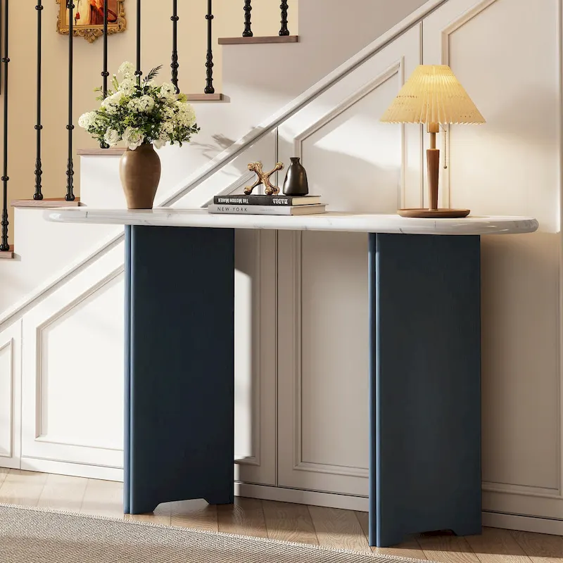 Navy & White Console Table | Faux Marble Top | Oak Legs
