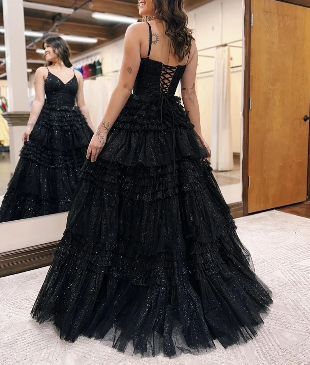 A-Line Deep V Neck Tiered Long Glitter Tulle Prom Dress