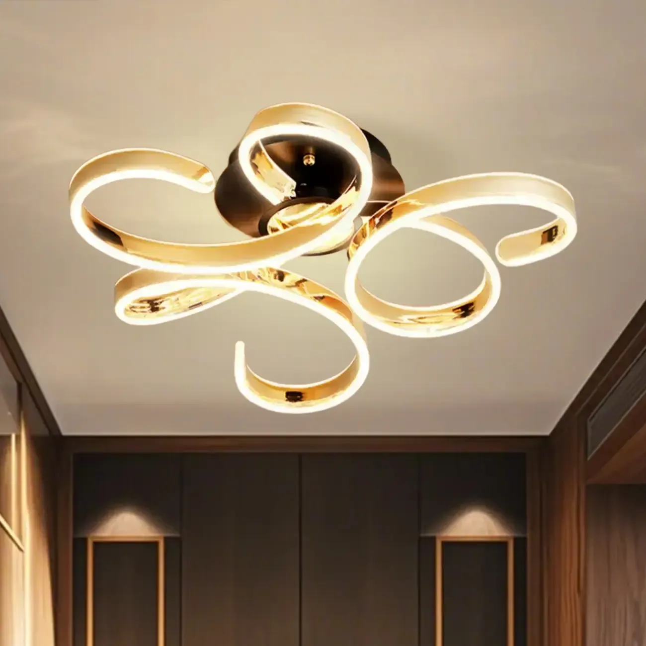 Gold Ribbon LED Semi Flush Ceiling Light 3-Gear Dimming
