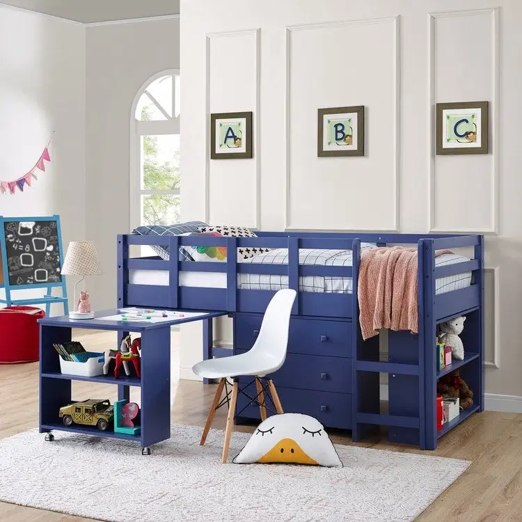 Twin Low Loft Bed with Desk & Storage, Navy/White, 1-Person (Twin)