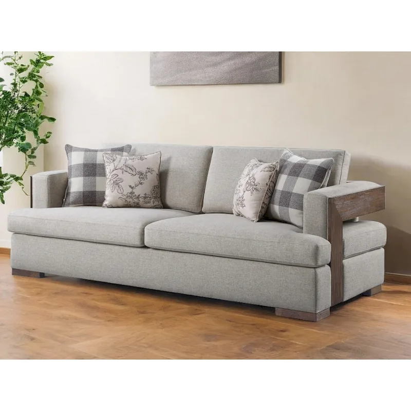 92 Beige Fabric Sofa And Toss Pillows With Brown Legs - 92