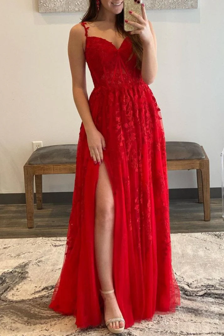 A-line V Neck Lace Tulle Prom Dress With Slit