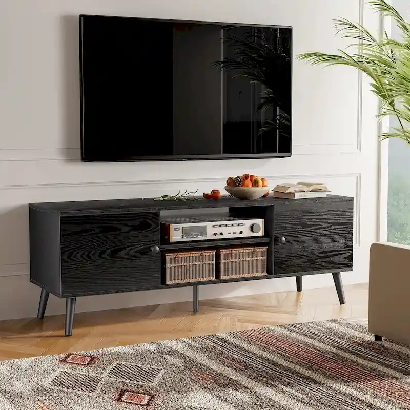 TV Stand, Mid Century Modern TV Stand for 55/60 inch TV, Farmhouse TV Stand, Entertainment Center for Living Room