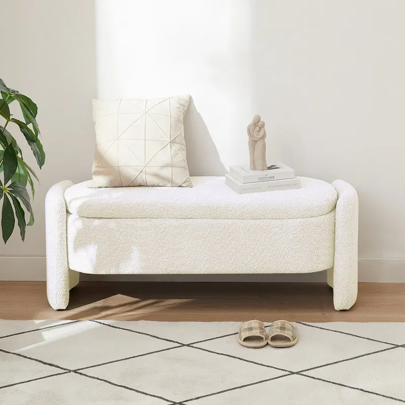 Storage Ottoman Bench 3D Lamb Fleece High-Density Foam Eucalyptus Wood Rounded Edges
