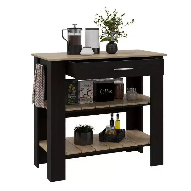 Okak Modern Kitchen Island with 2 Open Storage Shelves, Countertop Organizer with Drawer and Towel Hanger, Kitchen Island Table for Dining Room, Black